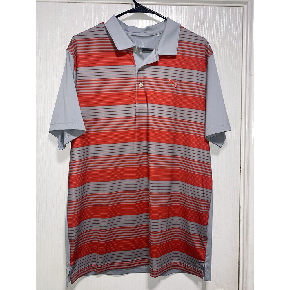 Mens Puma Polo Shirt Medium Red Grey Striped Performance Golf Lightweight Casual
